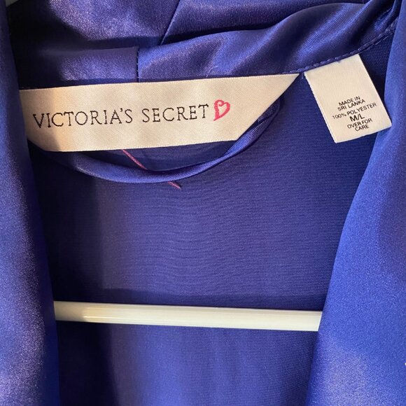 Victorias Secret Royal Blue Maxi Satin Robe White Piping Pockets Women M/L - Picture 4 of 8